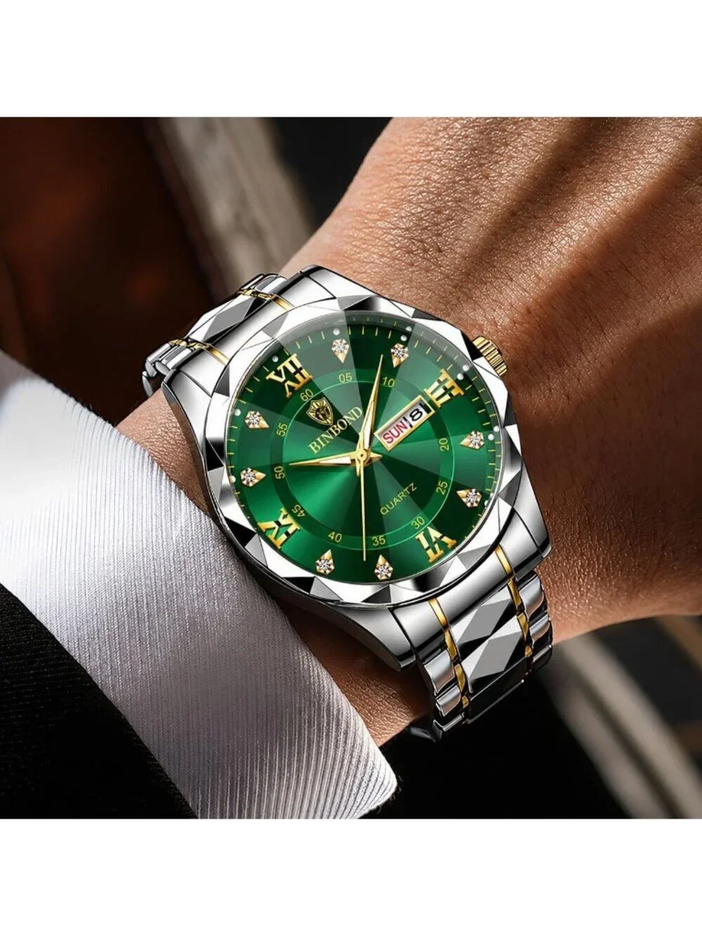Men's Silver And Green Analog Stainless Steel Roman Numeral Diamond Luxury Watch